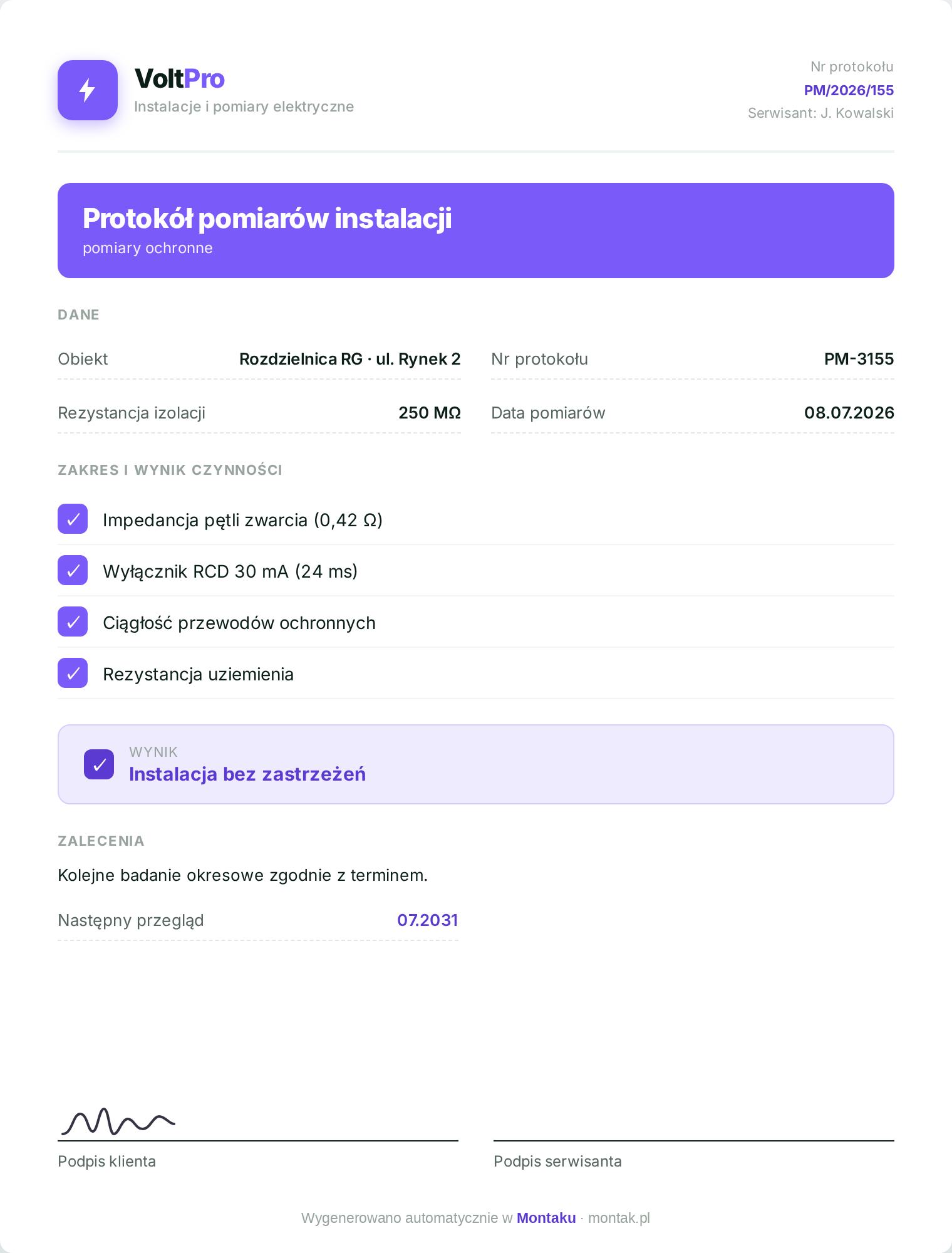 Podgląd wzoru: Wzór protokołu pomiarów instalacji