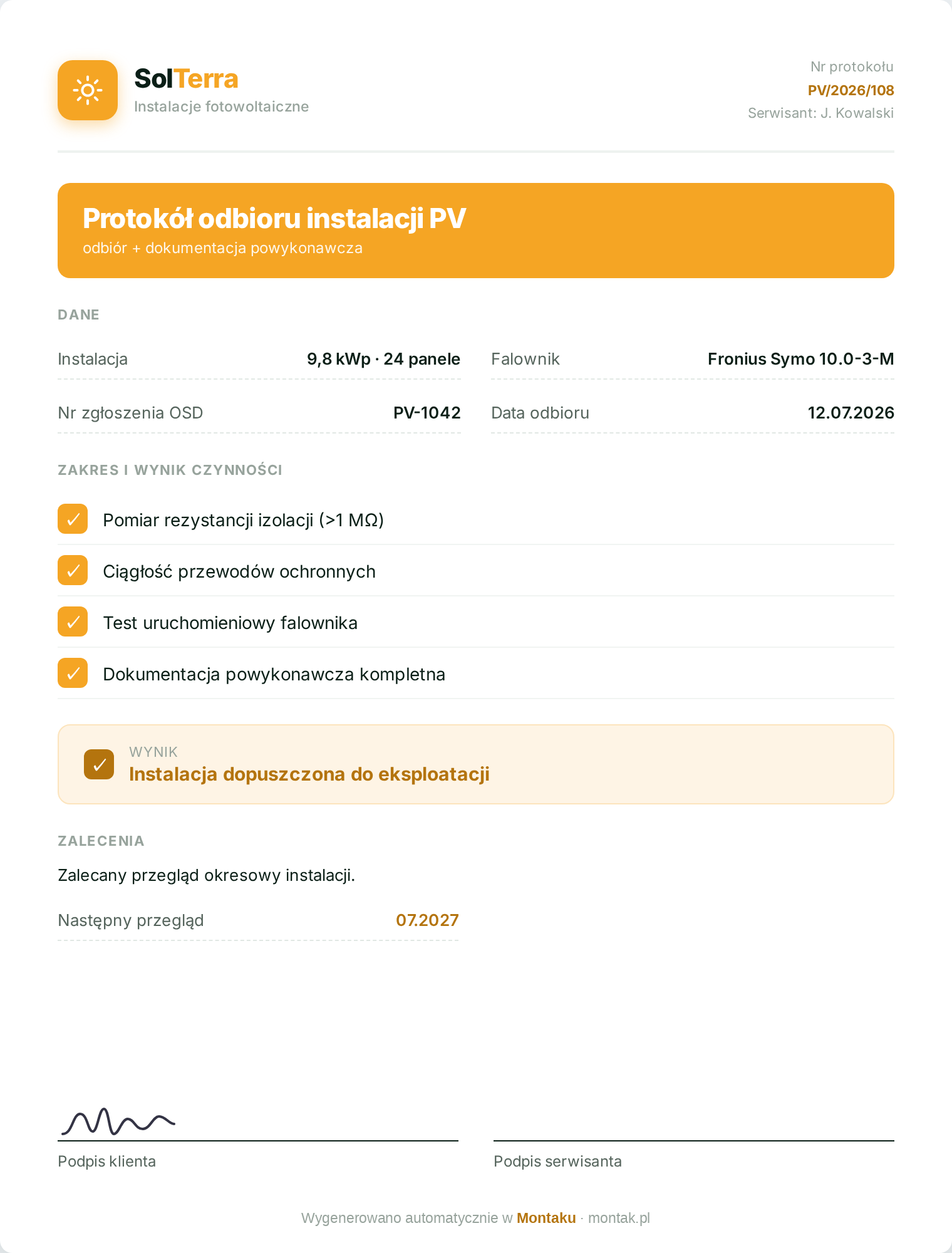Podgląd wzoru: Wzór protokołu odbioru instalacji PV