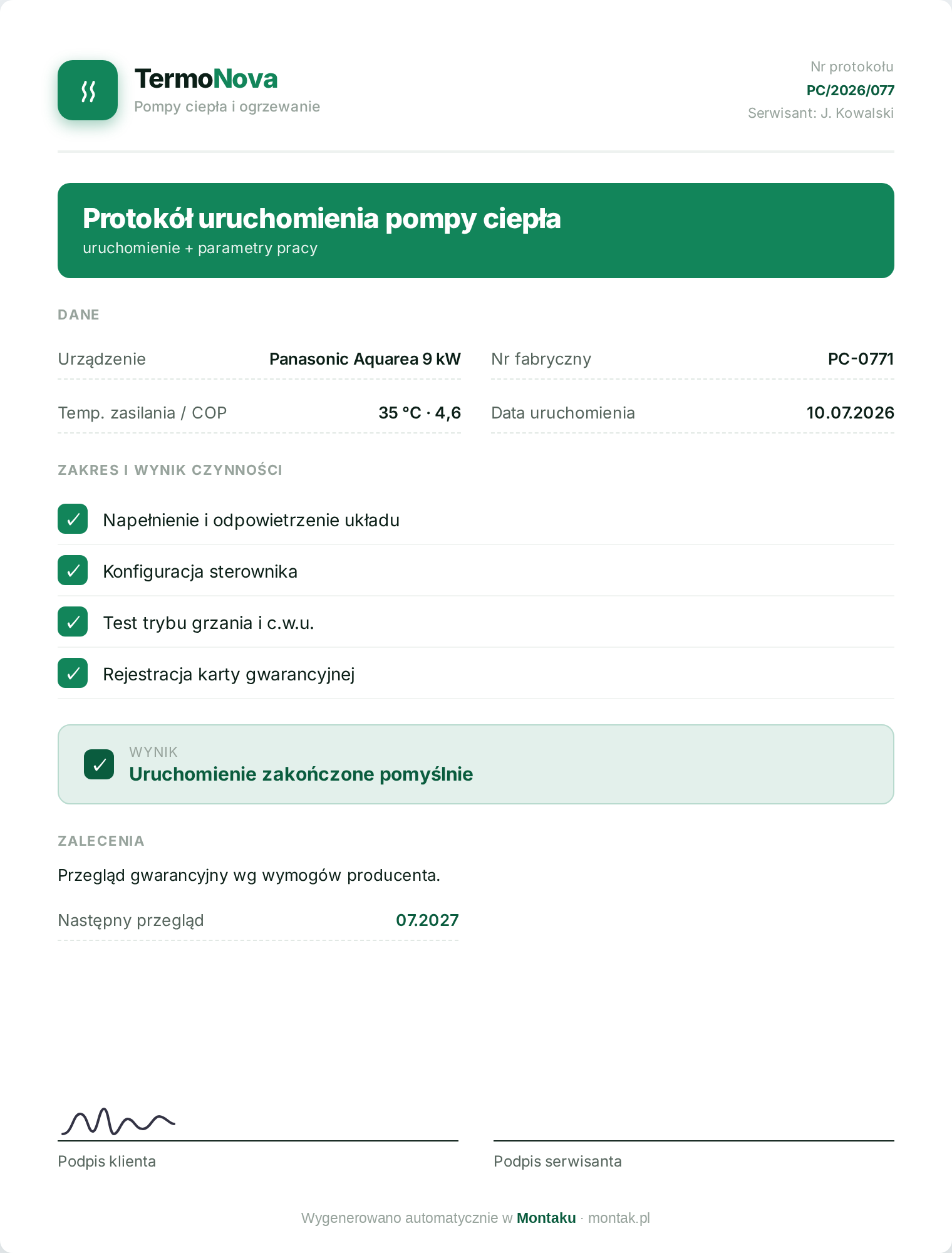 Podgląd wzoru: Wzór protokołu uruchomienia pompy ciepła